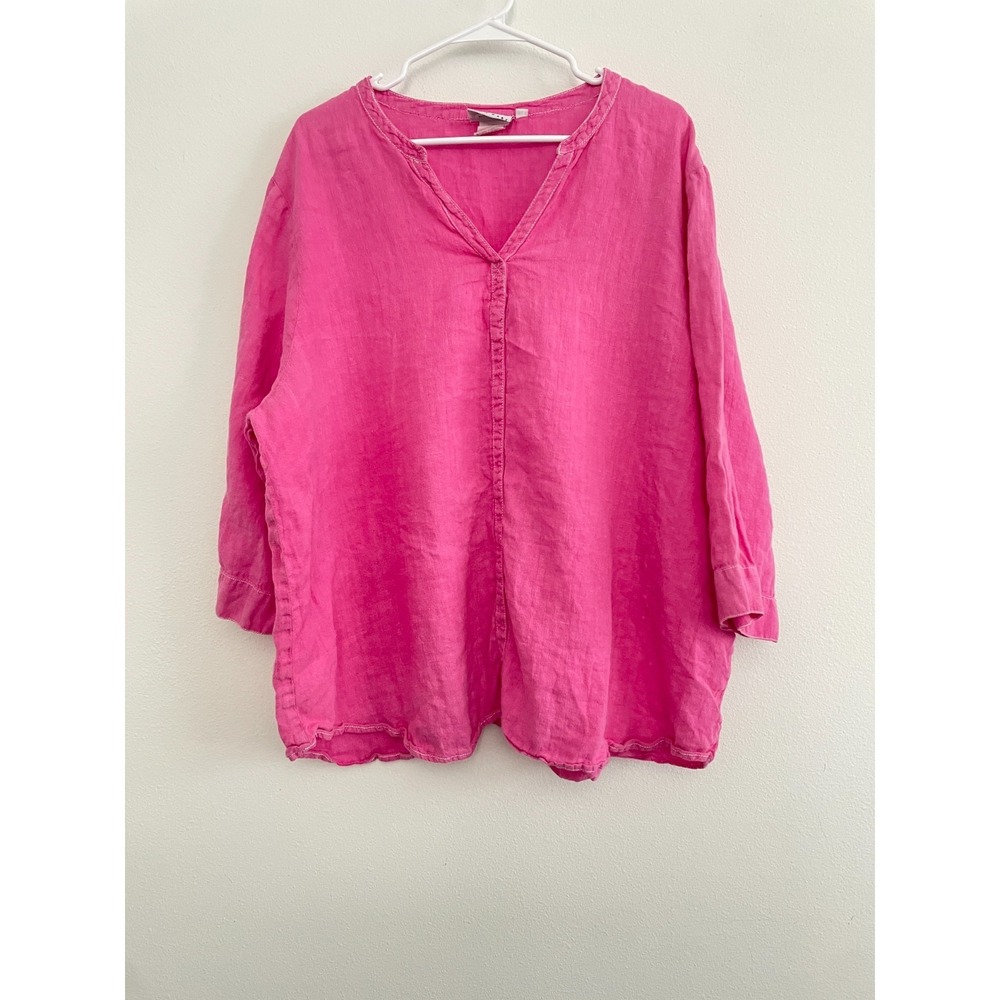 Hot Cotton Top Women 3X Hot Pink Pullover Linen Coastal V Neck Classic Beachy‎